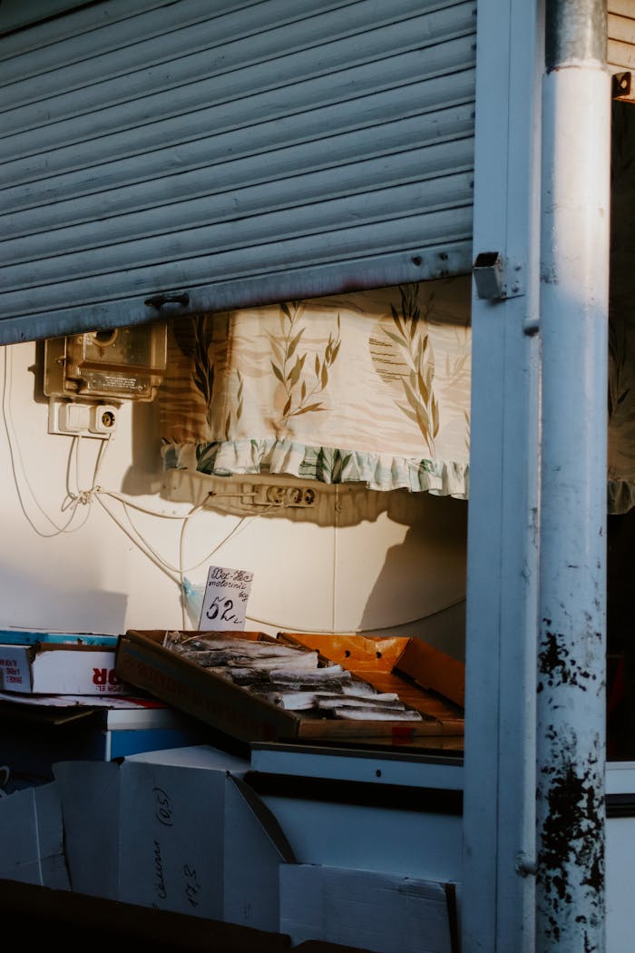 Street market stall with partially open rolling shutter and boxed products, suggesting early morning setup.